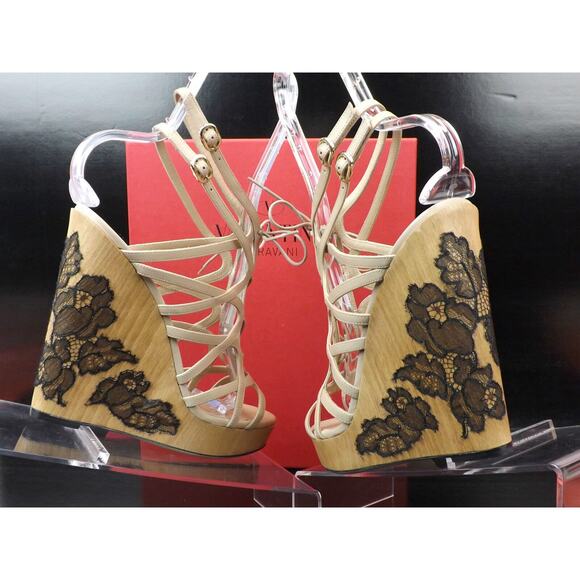 NIB VALENTINO NUDE LEATHER CAGE LACE UP WOODEN LACE WEDGES SANDALS 40 $1095 - Picture 3 of 12